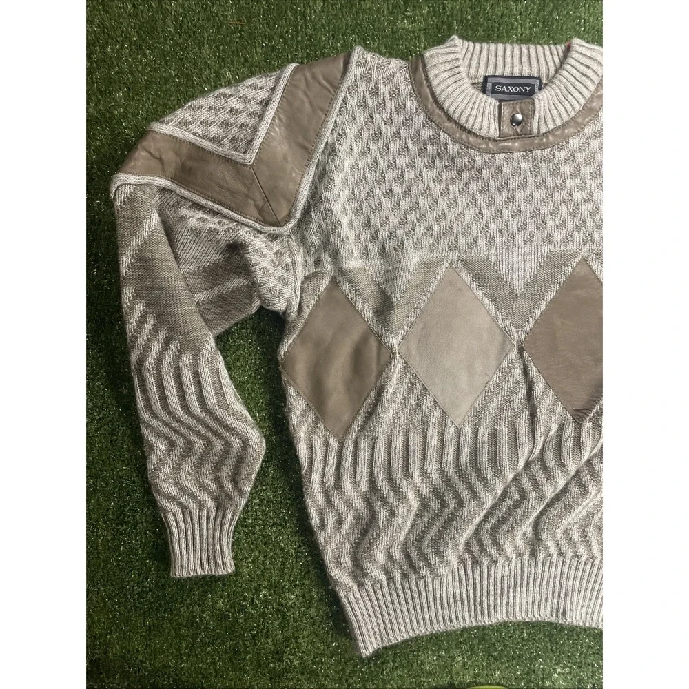 Vintage 90s Diamond Cable Knit Crewneck Sweater Neutral Taupe Size M Grandpa